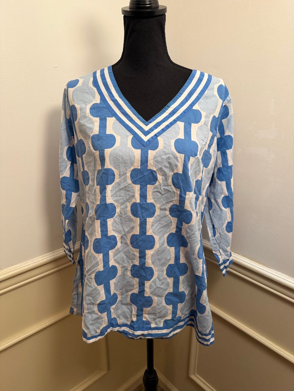 Gretchen Scott Designs Geometric Print Cotton V-Neck Tunic Top Blouse Coastal